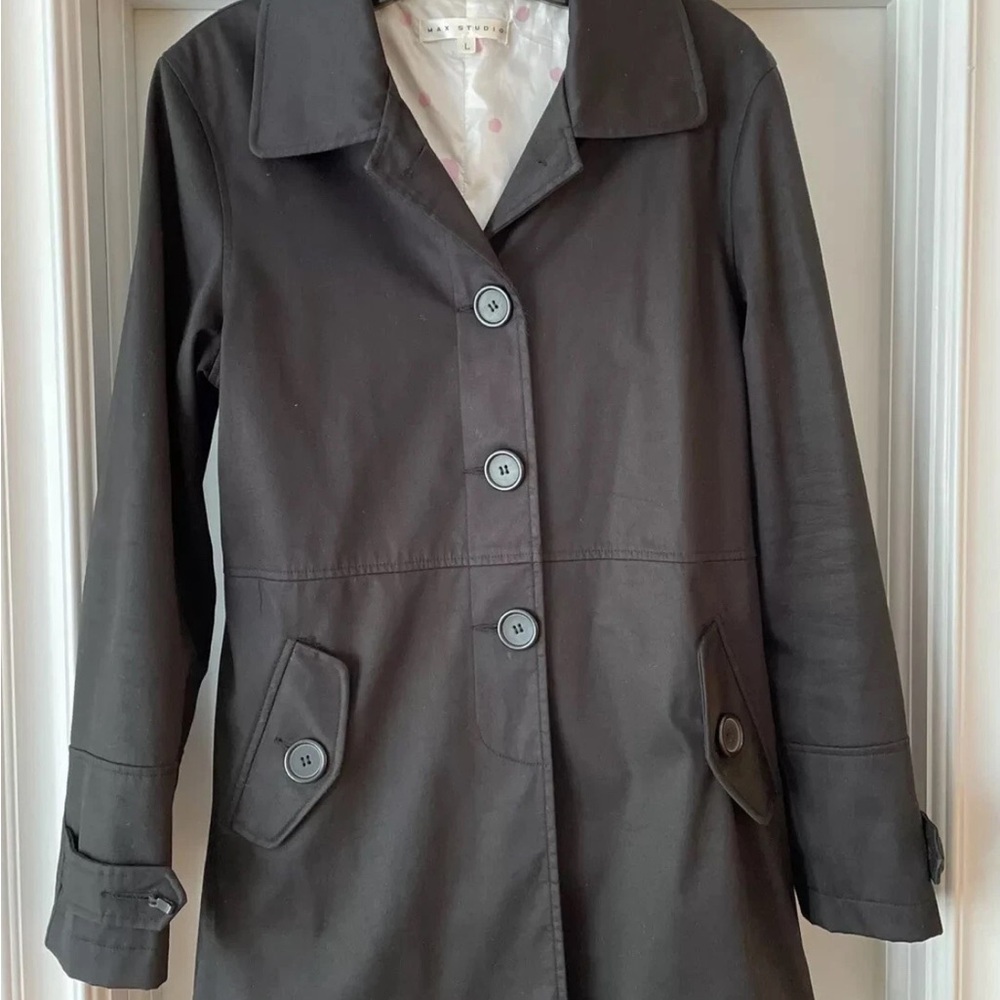 MAX STUDIO BLACK trench COAT JACKET Womens LARGE Side pockets Nice! Lined